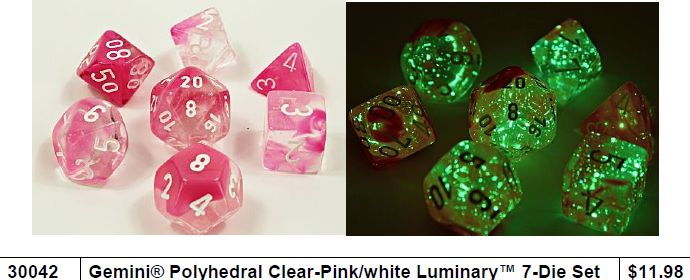 A set of Gemini brand polyhedral dice, with some pink and some clear faces, labeled as '3045 Polyhedral Clear Pink/White/Luminary.