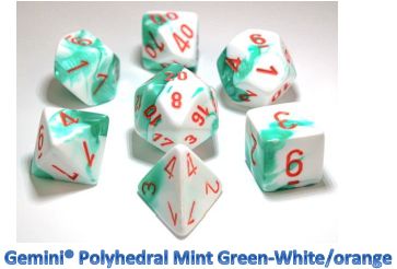 A set of polyhedral dice in mint green, white, and orange, including various shapes such as 4-sided, 6-sided, 8-sided, 10-sided, 12-sided, 20-sided, and 10's digit die.