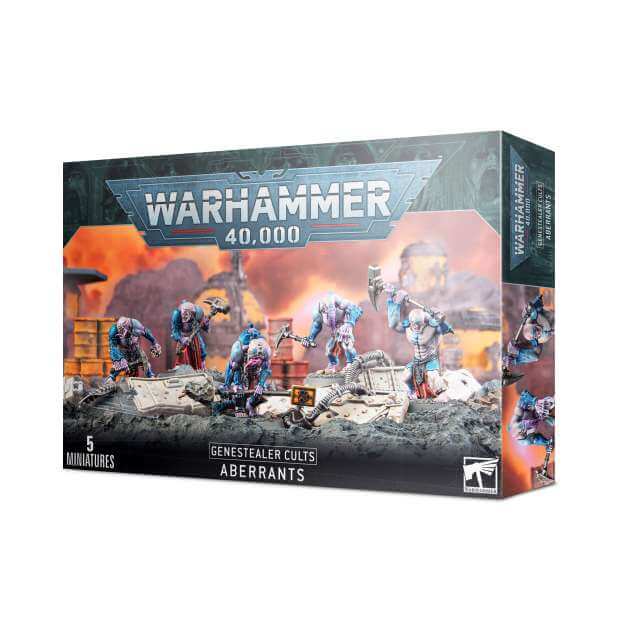A product image of the Warhammer 40,000 Genestealer Cults Aberrants game set, showing miniatures and bases.