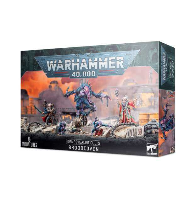 A product image of the 'Genestealer Cults Broodcoven' box set from Warhammer 40,000, featuring illustrations of the miniatures included in the set.