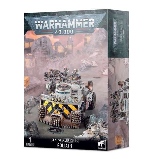 Product packaging for Warhammer 40,000 Genestealer Cults Goliath Truck, featuring the assembled model on the front.