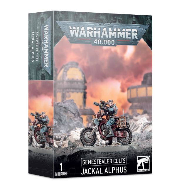 Product packaging for 'Genestealer Cults Jackal Alphus' featuring a miniature steameroller vehicle in a desert environment with sand and rocks in the background.