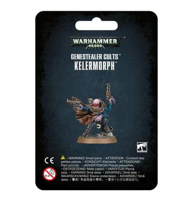 Packaging for Warhammer 40,000 Genestealer Cults Kelermorph miniature, featuring the model on a black background with game-related text.