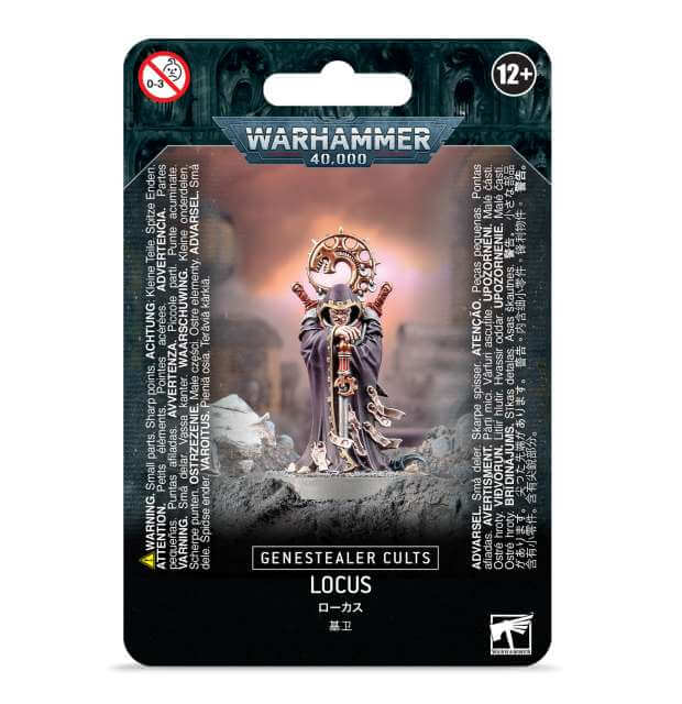 Packaging for Genestealer Cults Locus model kit featuring a miniature figure, with four different heads, set against a dark themed backdrop withGenestealer Cults and locus text.