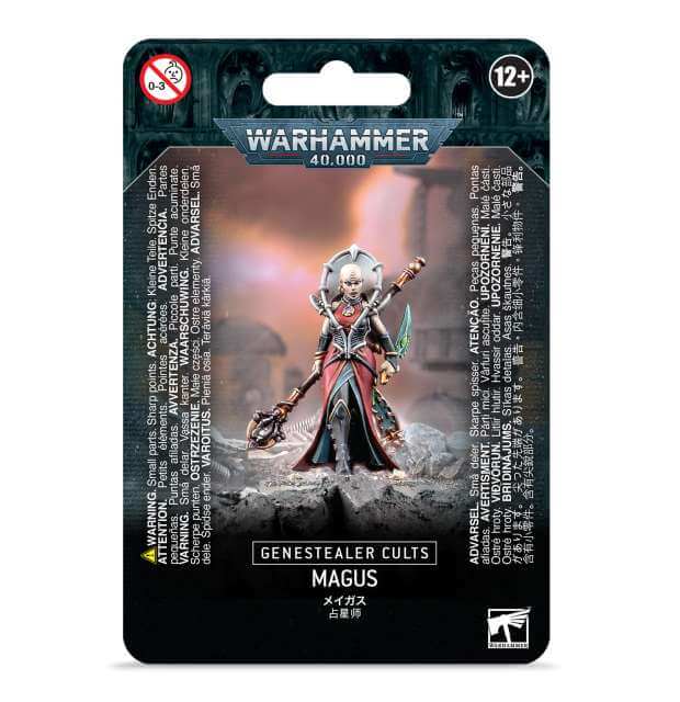 A product packaging for Warhammer 40,000 Genestealer Cults Magus miniature, featuring the miniatures design and the Genestealer Cults branding.