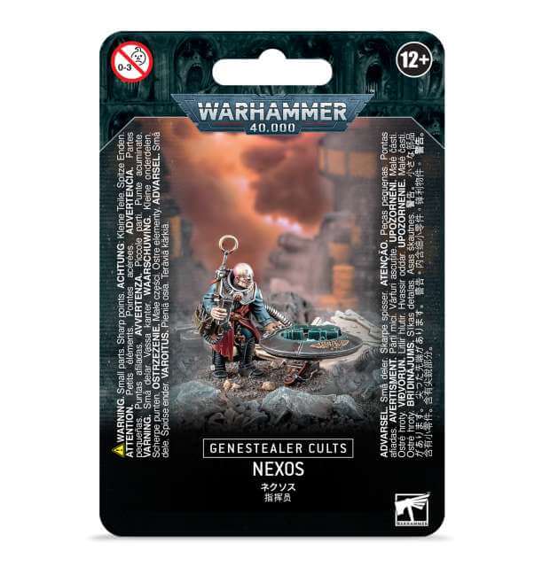 Packaging for Genestealer Cults Nexos in the Warhammer 40,000 meta-related collection, featuring a visual of a creature on a card with game instructions and restrictions.