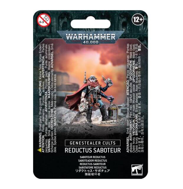 Packaging for Genestealer Cults Reductus Saboteur miniature in Warhammer 40,000, featuring the assembled and painted model on the front.