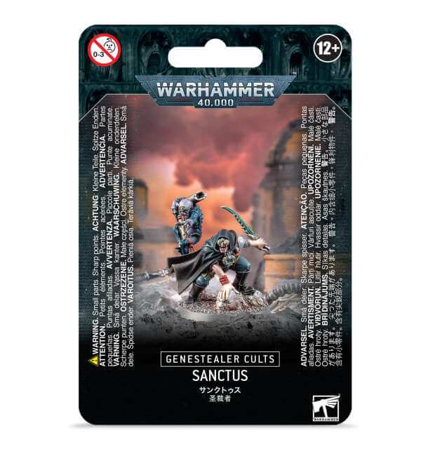 Packaging for Warhammer 40,000 Genestealer Cults Sanctus, featuring a visual of a genestealer on a 32mm round base with a dark, dramatic background.
