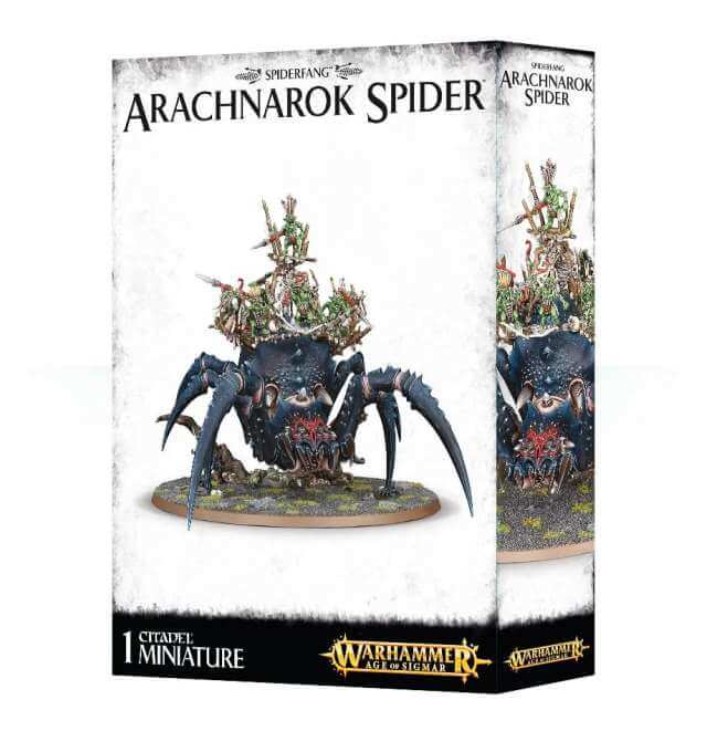Packaging for the Gloomspite Gitz Arachnarok Spider miniature, featuring the assembled and painted model on a display stand against a white background.