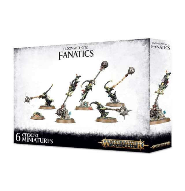 Packaging for Gloomspite Gitz Fanatics miniatures kit, featuring six painted figures on round bases displayed against a white background.