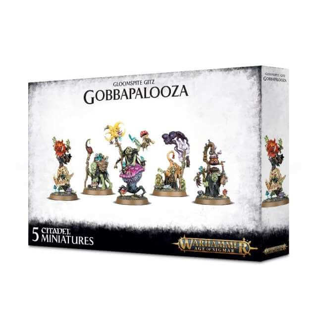 A product packaging for 'Gloomspite Gitz Gobbapalooza' featuring five small plastic miniatures representing fantasy creatures, to be used as game pieces for a tabletop game.