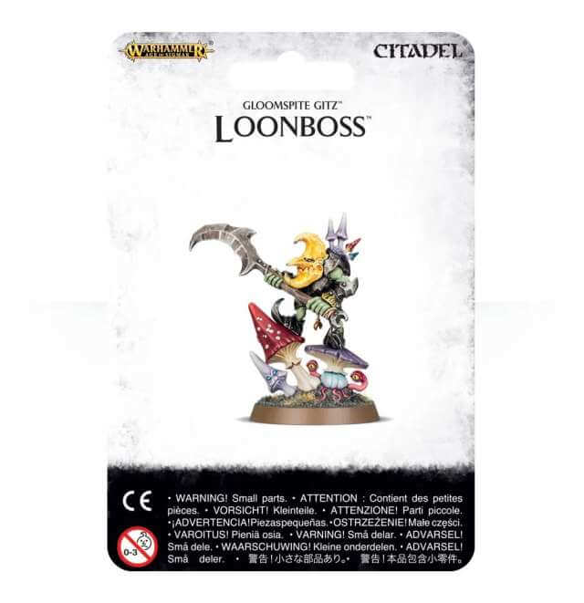 A packaged model kit of the Gloomspite Gitz Loonboss, showing the assembled figure on a round base with intricate detailing, ready for painting and assembly.