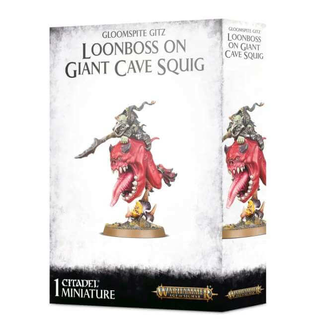 Packaging for Gloomspite Gitz Loonboss on Giant Cave Squig miniature, featuring the assembled and painted model on a 40mm round base, with the product name and Citadels Miniature logo on the box.