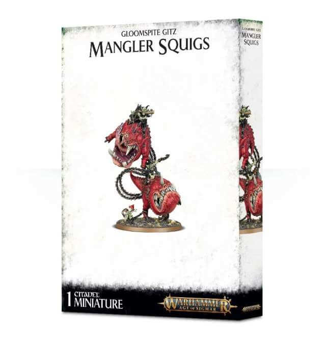 Product packaging for 'Gloomspite Gitz Mangler Squigs / Loonboss on Mangler Squigs', featuring a miniature figurine mounted on a round base, with the character depicted in fantasy attire.
