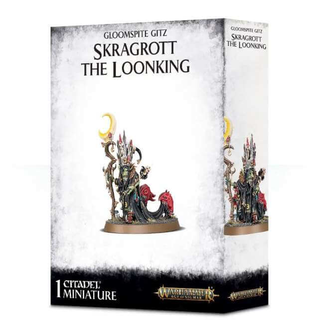 Product packaging for 'Gloomspite Gitz Skragrott the Loonking', featuring Citadel miniature toy with fantasy-themed figures.