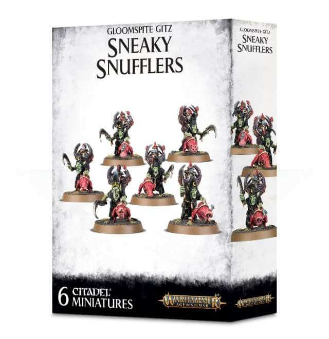 Packaging for Gloomspite Gitz Sneaky Snufflers miniature figures showing six painted figures on round bases, with interchangeable heads, arranged in two rows on a white background.