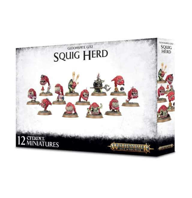 A product image showing the packaging for the Gloomspite Gitz Squig Herd miniatures kit, which includes 12 small, detailed plastic figures of squigs on round bases.