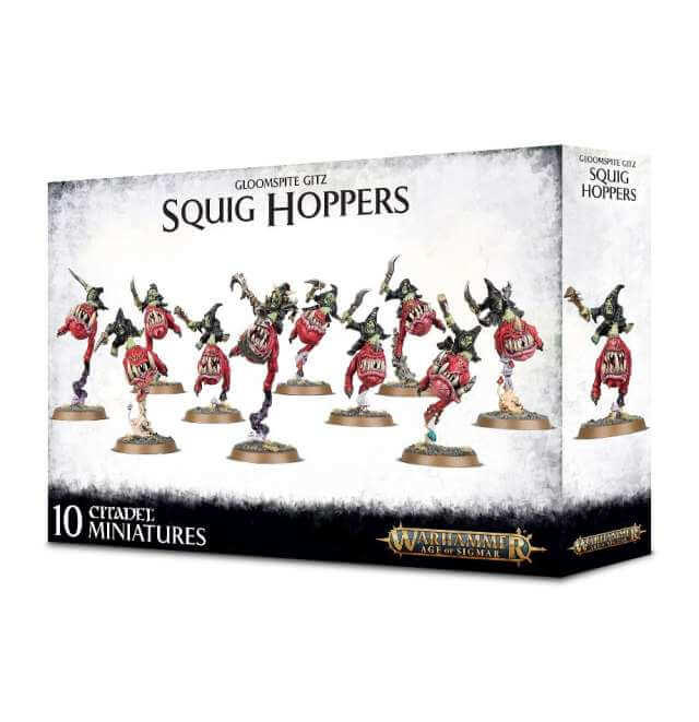 A product packaging for Gloomspite Gitz Squig Hoppers featuring 10 miniature figures, with a variety of poses and decorative details.