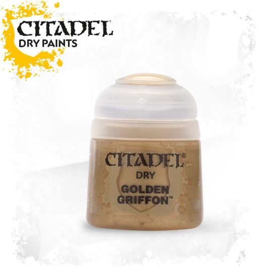 A pot of Citadel dry paint labeled 'Golden Griffon' intended for miniature model painting.
