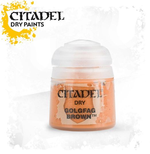 A pot of Citadel dry paint in the color 'Golgfag Brown'. The product is designed for drybrushing techniques in model painting.