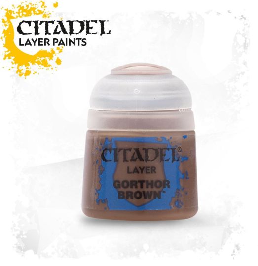 A pot of Citadel Layer paints in Gorthor Brown color, designed for miniature painting.