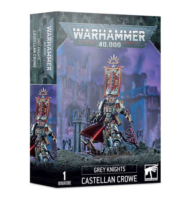 Product packaging for Warhammer 40,000 Grey Knights Castellan Crowe miniature, featuring the assembled and painted model on the box art.
