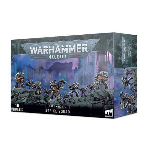 Boxed set of Warhammer 40,000 Grey Knights Strike Squad miniatures featuring multiple characters with armor and weapons, on a cityscape background.