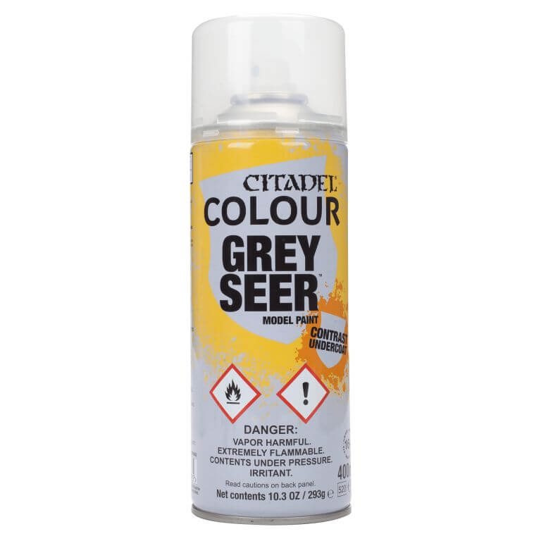 A can of Citadel Grey Seer spray paint for model painting.