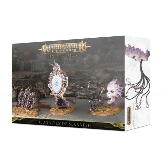 Product packaging for 'Hedonites of Slaanesh Endless Spells' featuring components of a miniature game set in a fantasy world, with intricate designs and decorative elements.