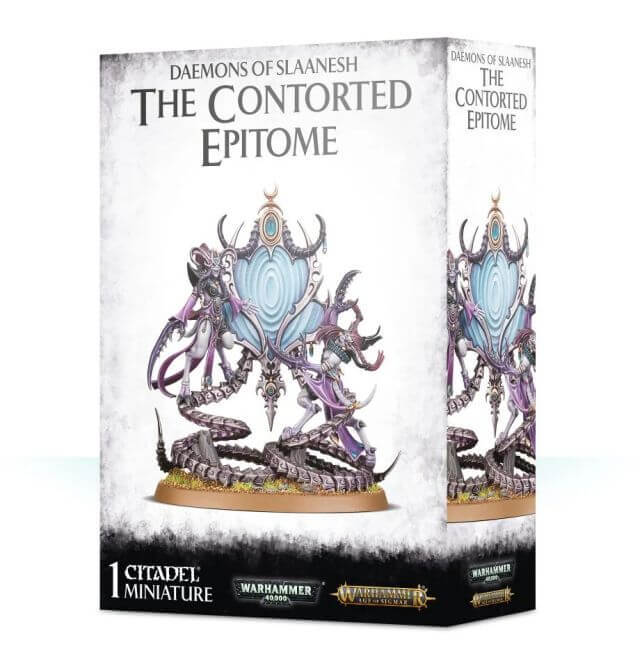 Packaging for 'Hedonites of Slaanesh The Contorted Epitome' miniature, featuring a plastic model with black, blue, and silver colors on the box.