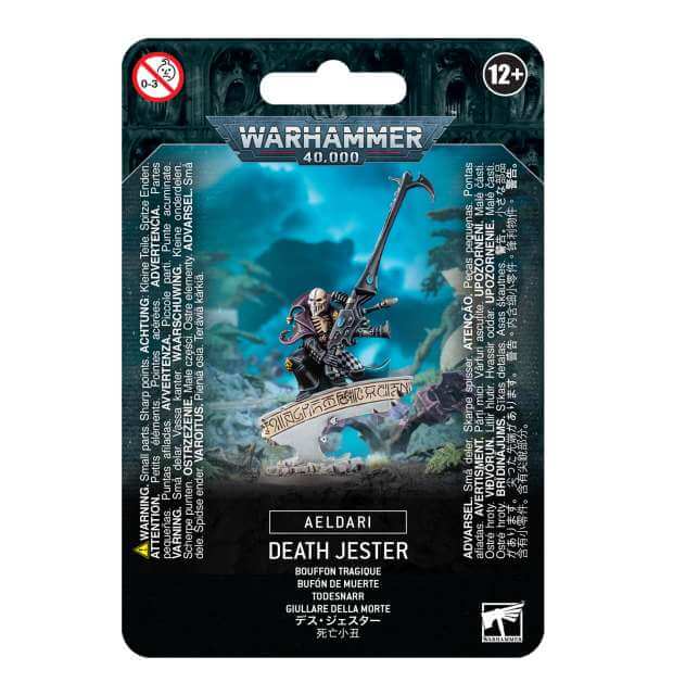 Packaging for Aeldari Death Jester miniature from Warhammer 40,000, featuring the model on the front with a shrieker cannon.