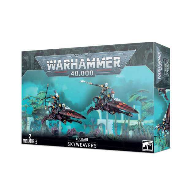 Packaging for Warhammer 40,000 Aeldari Skyweavers miniatures, featuring two figures on flying bases against a teal background.