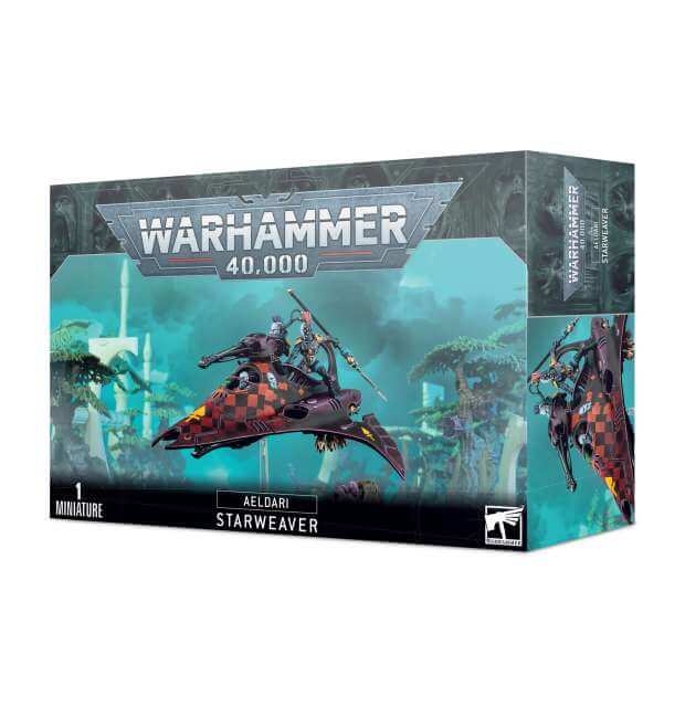 Packaging for Warhammer 40,000 Aeldari Starweaver / Voidweaver miniature, featuring the model in flight against a space-themed backdrop.