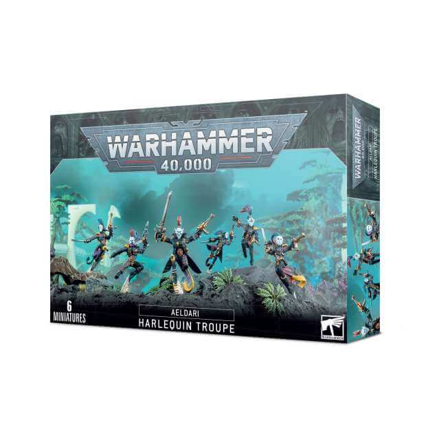 Packaging for Warhammer 40,000 Aeldari Harlequin Troupe miniatures, featuring illustrated space marines in combat gear against a space-themed backdrop.