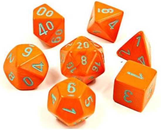 A set of orange polyhedral dice with turquoise numbers, including various shapes such as cubes and octahedrons.