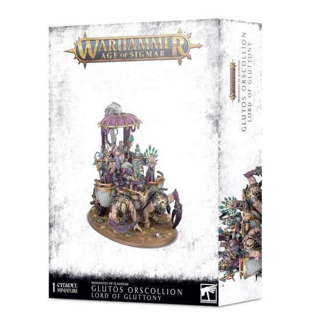 Product packaging for 'Hedonites of Slaanesh Glutos Orscollion Lord of Gluttony' featuring a model kit of a fantasy figure on a palanquin, with the Warhammer Age of Sigmar game box visible.