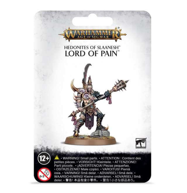 A product packaging for 'Hedonites of Slaanesh Lord of Pain' featuring an illustration of a fantasy character with a helmet and weapon.