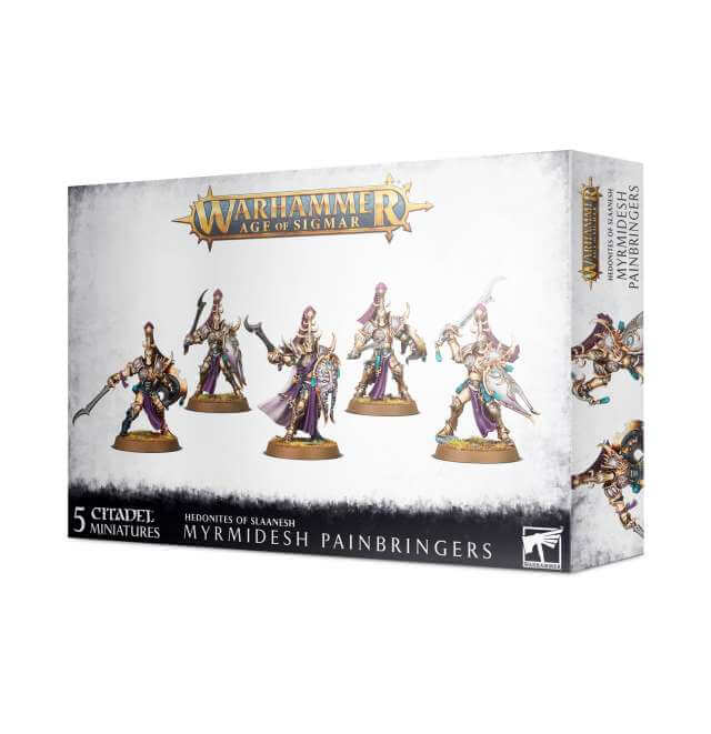Box packaging for Warhammer Age of Sigmar's Myrmidesh Painbringers, featuring five citadella miniatures with hooded figures in ornate armor.