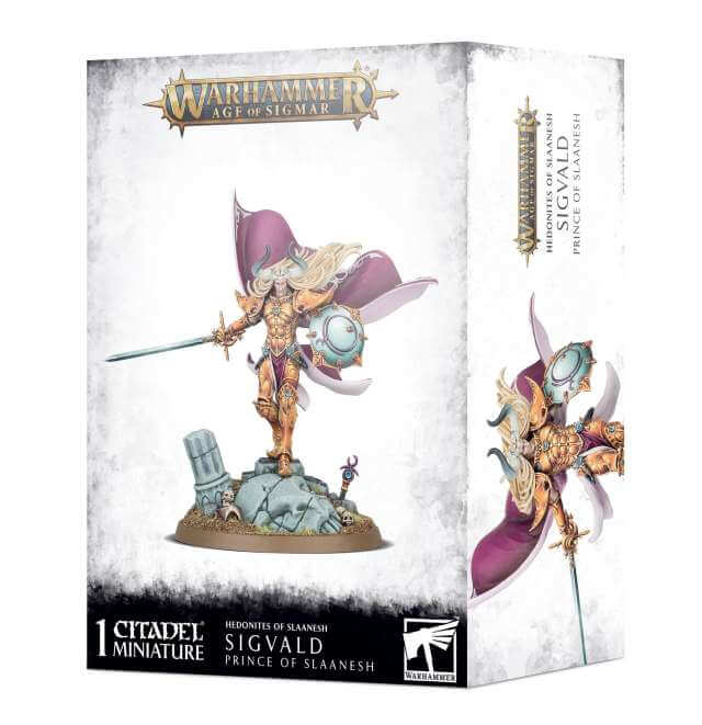 Packaging for Warhammer Age of Sigmar miniature depicting a fantasy character, Sigvald Prince of Slaanesh, with a sword and magical symbols.