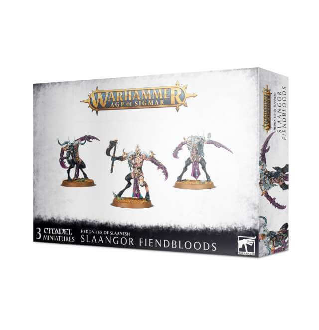 Packaging for Warhammer Age of Sigmar game featuring illustrations of three Slaangor Fiendblood miniature figures on a white background with fantasy-themed decorations.