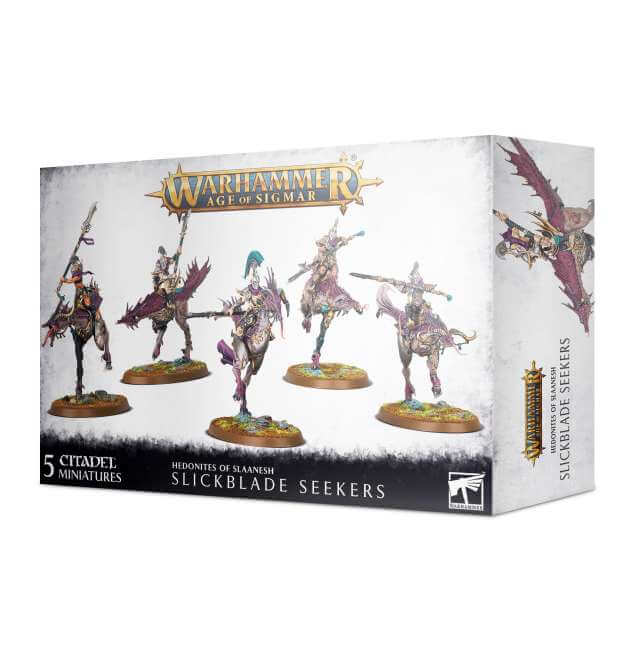 Product packaging for 'Hedonites of Slaanesh Blissbarb Seekers / Slickblade Seekers' featuring illustrations of the miniatures on the box, indicating the scale and design of the models.