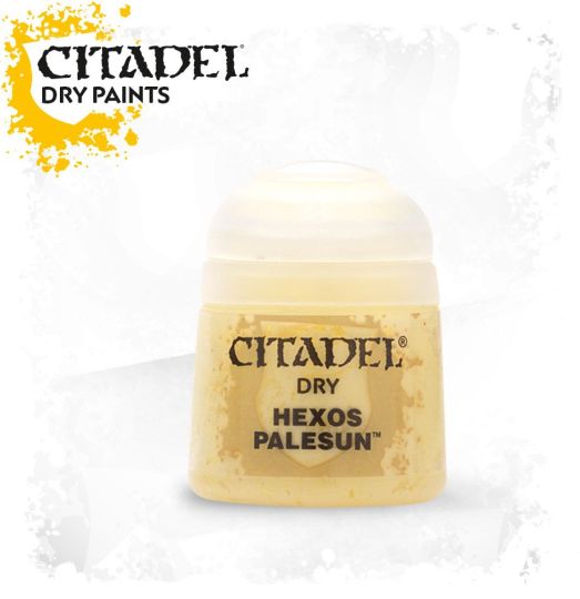 A pot of Citadel dry paint labeled 'Hexos Palesun' in yellow color for model painting.