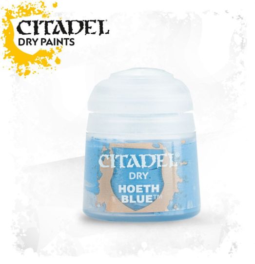 A pot of Citadel dry paint labeled 'Hoeth Blue'. The paint is intended for drybrushing techniques in model painting.