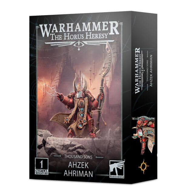Product packaging for Warhammer The Horus Heresy miniature Ahzek Ahriman, featuring the assembled and painted model on the box cover.