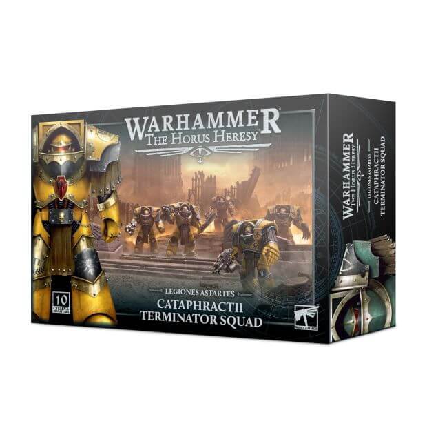 Product image for Warhammer The Horus Heresy Cataphractii Terminators miniature set, showing the box art with illustrations of the miniatures and a battle scene.
