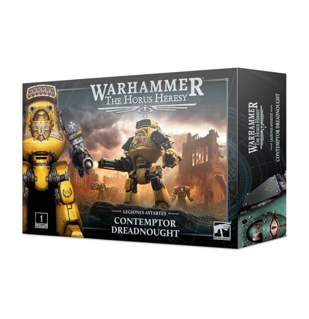 Packaging for Horus Heresy Contemptor Dreadnought, showing the behemoth in a battlescape. 