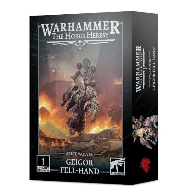 Product packaging for Warhammer The Horus Heresy Space Wolves Geigor Fell-Hand miniature, featuring the assembled and painted model on a box with game-related graphics.