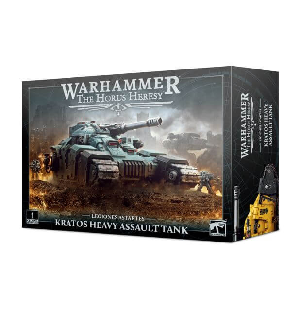 Boxed Warhammer: The Horus Heresy game product featuring the Kratos Heavy Assault Tank, showing the vehicle in a battle-ready pose with Imperial Fists Legion markings.