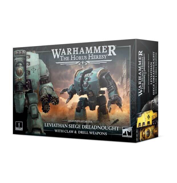 Product image of Warhammer The Horus Heresy Leviathan Siege Dreadnought miniature kit, showing the box art with the model and the name of the product.