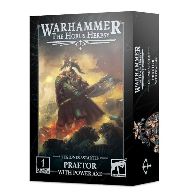 Product image for Warhammer The Horus Heresy Praetor with Power Axe miniature, showing the box packaging with the miniatures artwork and the components included.